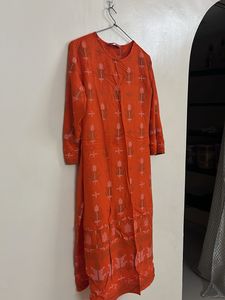 Vibrant Orange Kurta with Floral Print