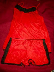 Red Satin Pajama Set with Black Lace