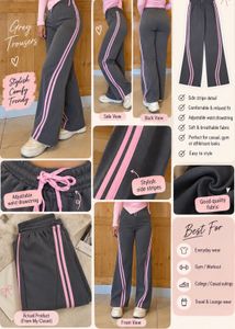 Stylish Grey Wide-Leg Trousers with Pink Stripe