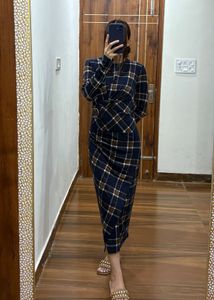 Navy blue & Brown Plaid Long Sleeve Midi Dress