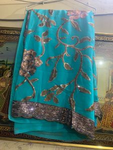 Teal &amp; Gold Sequin Indian Sari Blouse