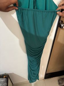 Elegant Teal Ruched Halter Neck Dress