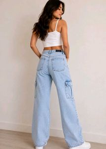 Light Blue Cargo Wide Leg Jeans