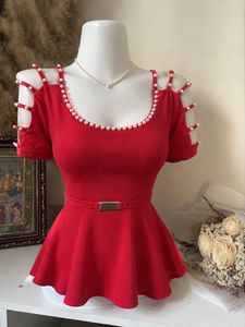 Red Peplum Cute Korean Top with Pearl Detail