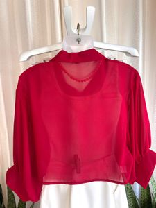 Chic Red Button-Up Tie-Front Blouse