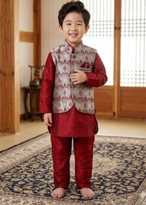Boys' Festive red Kurta Set with nehru jacket
