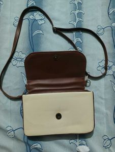 Cream Beige Crossbody Sling Bag with Brown Strap &amp;