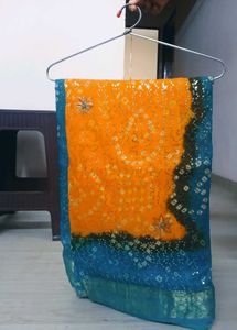 Orange and blue bandhani print saree with sequin w