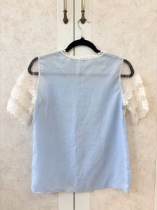 Chic Lace Trimmed Blue Top