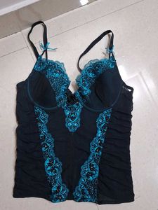 y2k Lace Trim Push-Up Corset Bra/top 🩵🖤