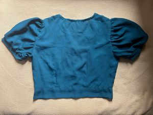 Teal Puff Sleeve Button-Up Crop Top