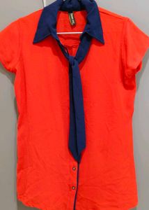 Vibrant Red Top with Navy Blue Collar & Tie