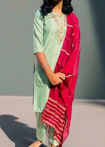 Green Embroidered Kurta Set with maroon dupatta