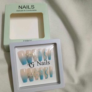 Press-On Nails - Blue Gradient Bow Design