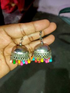 Boho Silver Jhumka Earrings with Colorful Beads