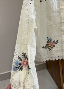 White Embroidered Cotton Top with Lace Detail