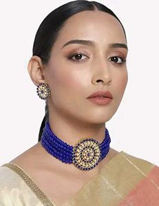 Blue Beaded Choker Necklace &amp; Earring Set