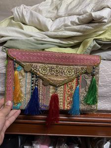 Embroidered Clutch with Tassels