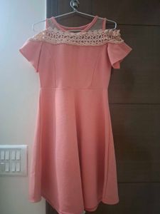 Chic Coral Cold Shoulder Lace Trim Dress