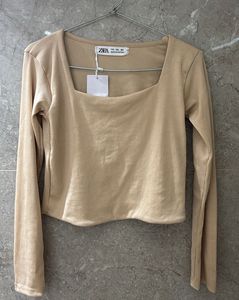 ZARA Beige Long Sleeve Square Neck Top