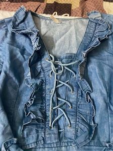 Denim Ruffled Lace-Up Dress