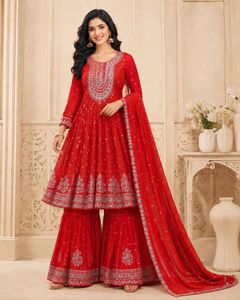 Stunning Red Embroidered sharara set for partywear