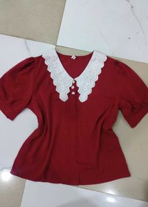 Chic Red Lace Collar Top