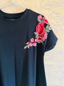 Black T-Shirt with Floral Embroidery