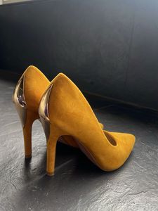Mustard Suede Heels with Unique Heel Detail