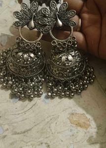 Silver Peacock Jhumka Earrings