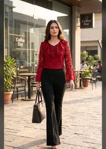 Elegant Red Lace Bell Sleeve Top