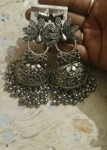 Silver Peacock Jhumka Earrings