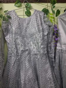 Elegant Silver Sequined Kurta Set with Dupatta