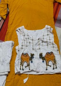 Yellow Kurta Set with Camel Print Jacket