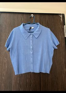 Light Blue Ribbed Collared Crop Top
