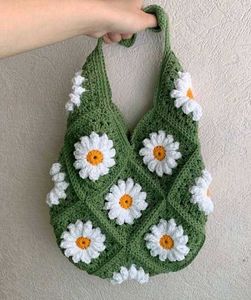 Crocheted green Daisy Tote Bag