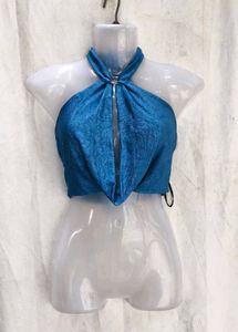 38127. Stylish Blue Halter Neck Crop Top