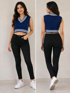 Blue Cropped V-Neck Vest Top