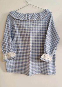 Blue Gingham Ruffle Neck Top