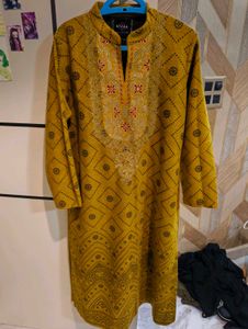 Elegant Mustard Embroidered Kurta Set Woolen