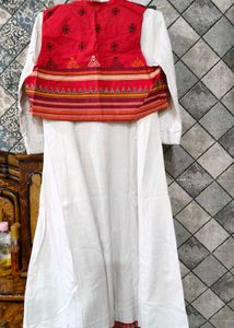Elegant White Anarkali Kurta with Red Jacket