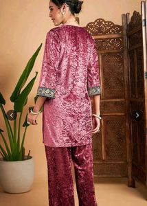 embroidered square neck velvet kurti with trouser