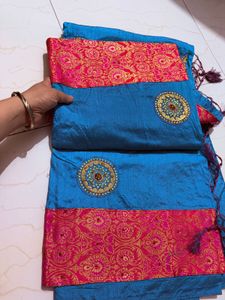 Beautiful Blue Saree with Pink Border