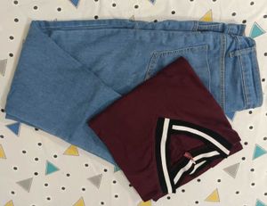 Classic Blue Denim Jeans &amp; Maroon Tee