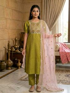 Sparkly green Kurta + pant with pink Dupatta