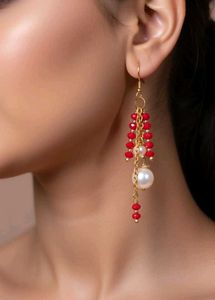 Handmade Elegant Pearl and Red Stone Drop Earrings