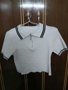 White Ribbed Zip-Up Polo Crop Top