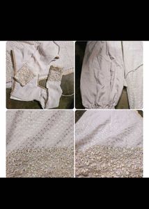 threadwork Pearl White Saree with Embellishments