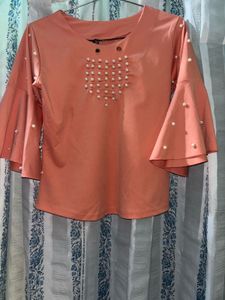 Peach Bell Sleeve Top with Pearl Embellishments