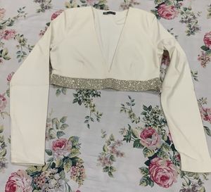Off White Stone Studded Embellished Crop Top